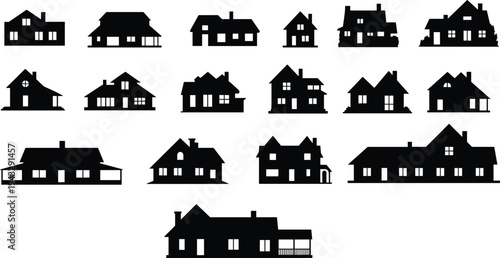 House silhouettes vector, seventeen residential building designs, architectural style illustration, black home icons, urban planning artwork, diverse roof shapes