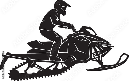 Silhouette of person riding a snowmobile on white background also transparent background