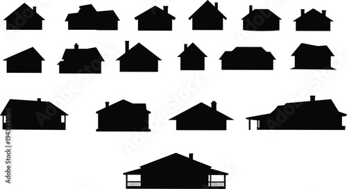 House silhouettes vector, sixteen residential building designs, architectural style illustration, black home icons, roof shapes, chimneys, porches, urban planning artwork