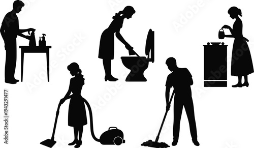 Household chore silhouette, cleaning vector art, vacuuming, mopping, cooking, toilet scrubbing, domestic task design, home maintenance, kitchen work, hygiene