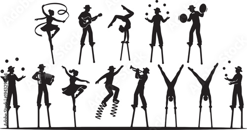Silhouettes of musicians performing on stilts in various poses and with different musical instruments also transparent background