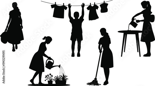 Household chores silhouette collection, shopping watering plants, mopping floor, hanging clothes, pouring water container, domestic task lifestyle illustration showcase