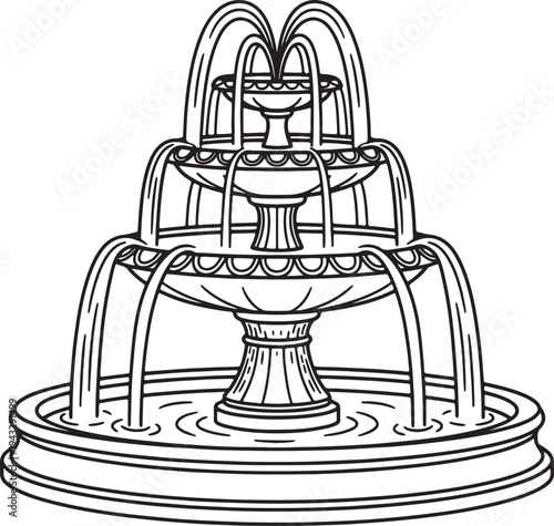 Three-tiered black and white fountain with arched water streams also transparent background tiers arches