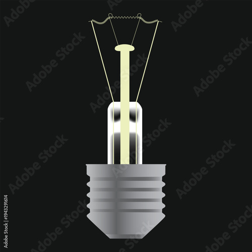 Vintage incandescent light bulb with visible filament on dark background. Minimal realistic vector illustration showing classic electric lamp structure. Energy and idea concept symbol for technology, 
