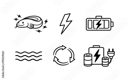 Line style vector icons of electric eel generating energy: eel-outline icon, lightning-bolt motif, battery-charge symbol,