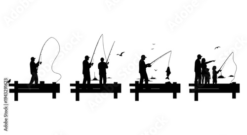 Silhouettes of people fishing from a pier with boats and birds in the background