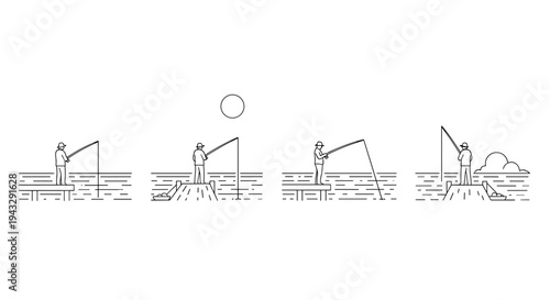 Fisherman on a pier casting a line into the water with a sun and clouds overhead