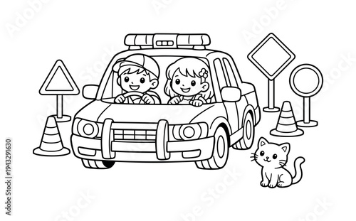 Police car scene with kids pretending to drive, traffic cones and signs around, a small cat watching curiously, black and white