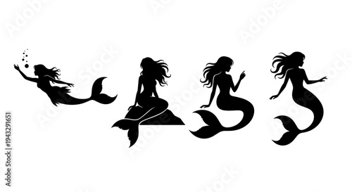 Collection of four black silhouette mermaid icons with different poses and tails