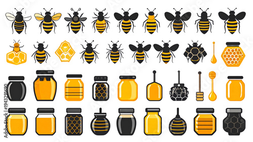 Honey Bee and Beekeeping Icon Set – Hive, Honeycomb and Jar Vector Collection
