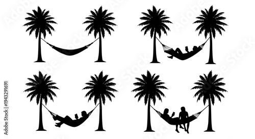 Silhouettes of people relaxing in hammocks between palm trees on a white background
