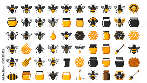 Honey Bee and Beekeeping Icon Set – Hive, Honeycomb and Jar Vector Collection