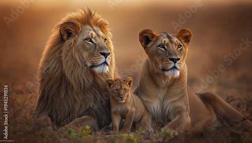 Lion family with cubs, in savannah landscape with a lake and sunset, ideal for painting