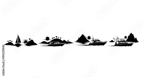 Tropical island silhouettes with sailboats and motor yachts at sunset