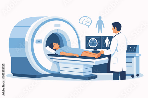 Doctor conducting magnetic resonance imaging MRI studies on a patient in a hospital radiology department, simple flat vector illustration of medical professional performing scan on a woman.