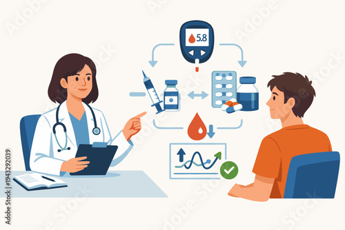 Female doctor providing medical consultation to a young male patient with diabetes mellitus type 1, explaining blood glucose monitoring, insulin injections, and medication for disease management.