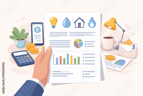 Hand Holding Utility Bill and Financial Report with Charts and Icons for Electricity, Water, and Housing, Featuring Calculator, Coins, and Smartphone for Personal Budgeting and Expense Tracking