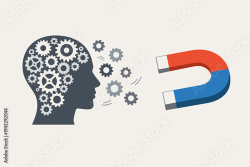 Flat Vector Illustration of a Human Head Profile with Gears and Cogs Being Attracted by a Large Horseshoe Magnet, Symbolizing Influence, Brainwashing, Marketing, and Psychological Manipulation.