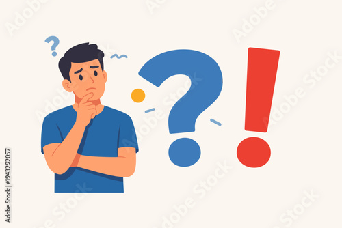 Puzzled man thinking with hand on chin next to large blue question mark and red exclamation mark vector illustration, representing confusion, curiosity, problem solving, and finding answers.
