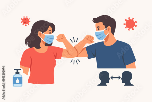 Flat style vector illustration of a man and woman wearing medical face masks performing an elbow bump greeting to avoid COVID-19 spread, featuring hand sanitizer and social distancing icons.