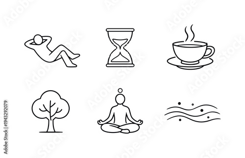 Line style vector icons of deliberate pace lifestyle: person-relaxing icon, hourglass-outline motif, cup-of-tea icon, nature-tree