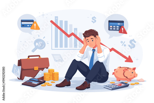 Stressed businessman sitting on the floor facing financial crisis and bankruptcy with downward arrow graph, broken piggy bank, credit cards, and money loss. Flat vector illustration design.