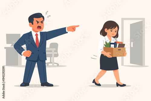 Angry Businessman Boss Shouting and Pointing at the Door While Firing a Sad Female Employee Carrying a Box of Personal Belongings in an Office Setting, Simple Flat Vector Illustration Design.