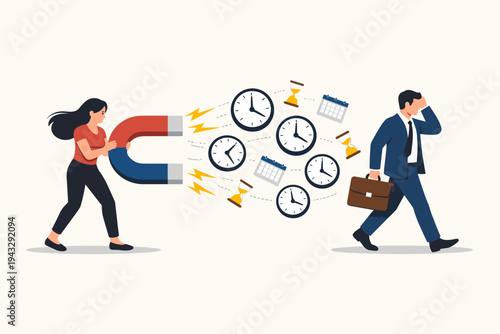 Flat Vector Illustration of a Woman Using a Large Magnet to Attract and Steal Time from a Busy Businessman Carrying a Briefcase, Representing Time Management, Distraction, and Productivity Loss.
