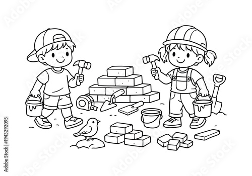 Children pretending to build at a construction site, carrying small hammers and paint buckets, piles of bricks and tools around,