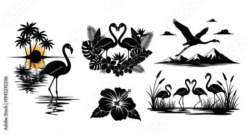 Tropical flamingo silhouettes collection with palm trees, mountains, and hibiscus flowers