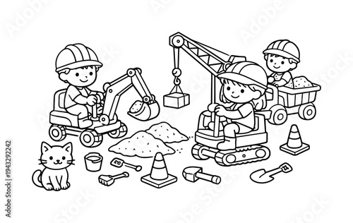 Children operating toy diggers and cranes at a construction site, cones, sand piles, and tools scattered, a friendly cat watching