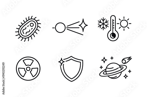 Line style vector icons of extremophile microbes surviving space conditions: microbe-outline icon, vacuum-symbol motif,