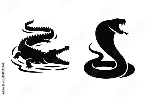 Crocodile and cobra - wild animal silhouette icons