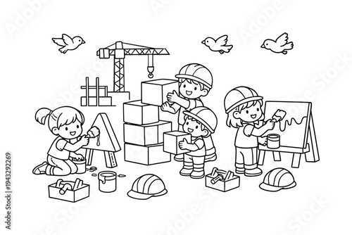 Construction site scene with kids painting signs and stacking blocks, helmets and small toolkits around, birds flying overhead,