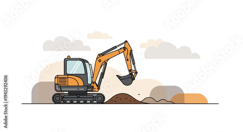 Modern Excavator Working On A Construction Site Animated Style
