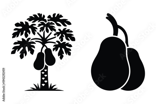 Papaya tree with fruit and pair of avocados silhouettes