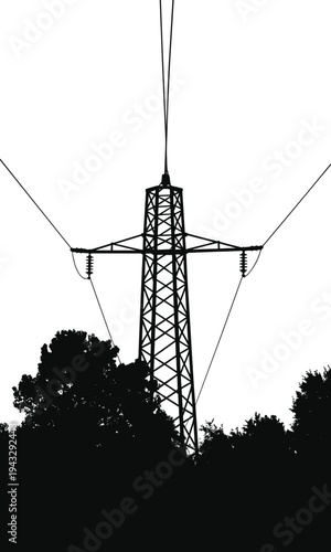 Silhouette of high voltage electricity pylon against white background with trees tower power lines