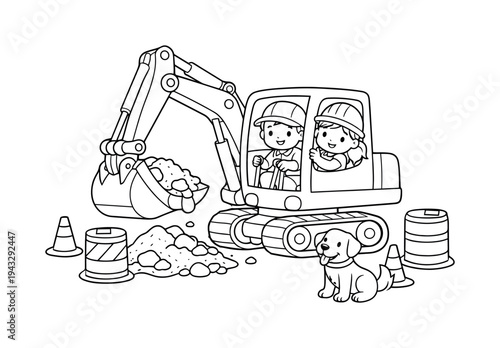 Children playing with an excavator, operating the bucket to scoop sand and rocks, construction cones and barrels around, a