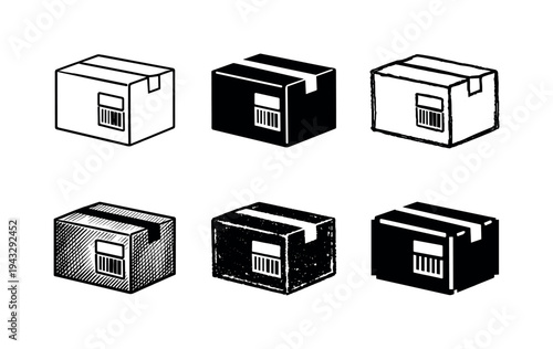 Collection of six isometric cardboard box icons with different artistic styles and shading