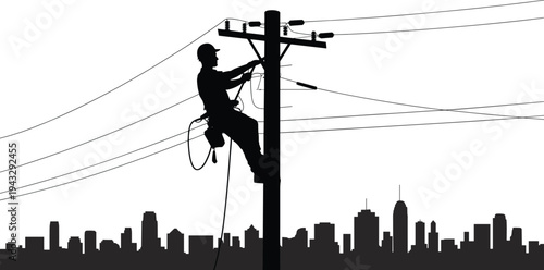 Silhouette of lineman working on utility pole against city skyline electrician power lines