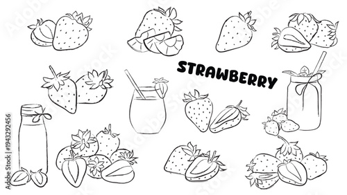 Hand-Drawn Strawberry Doodle Vector Set - Fresh Fruit, Slices, and Smoothies in Sketch Style