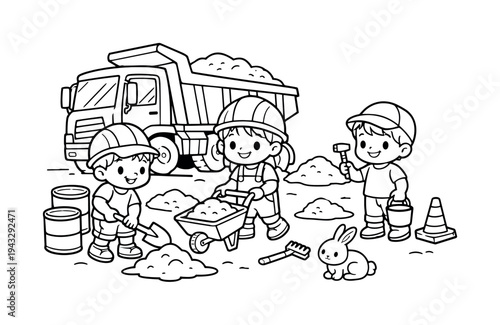 Kids Construction Coloring. Dump truck scene with kids pretending to work at a construction site, carrying tiny shovels and tools,