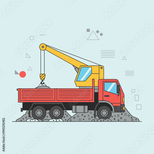 Modern Flat Design Crane Truck Delivering Construction Materials For Urban Development