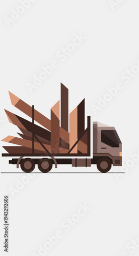 Modern Flat Design Lumber Truck Delivering Raw Wood Materials