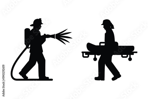 Firefighter spraying water and paramedic with stretcher icons