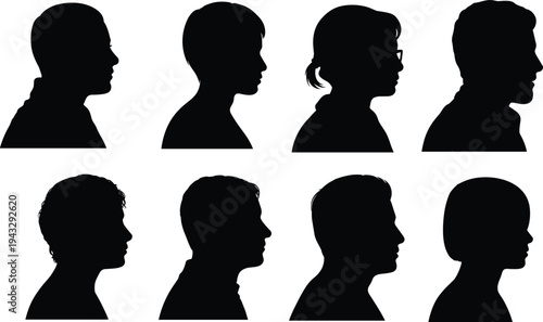 Human head silhouettes collection, diverse profiles, distinct hairstyles, minimalist design, facing left, shadow vector, identity concept, demographic illustration, art element