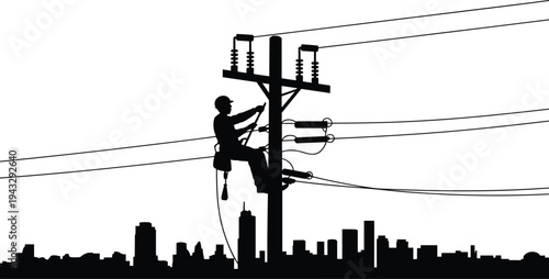 Silhouette of lineman working on utility pole with city skyline below electrician power lines