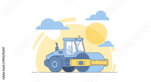Modern Flat Design Steamroller In Bright Sunny Day Scene