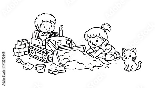 Bulldozer push scene with kids pretending to move sand with a toy bulldozer, piles of bricks and small tools scattered, a tiny