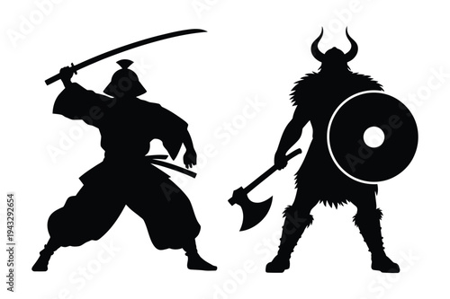 Samurai warrior and viking warrior silhouettes black icons